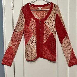 J. Jill cotton linen patchwork sweater size medium petite open knit cottage twee